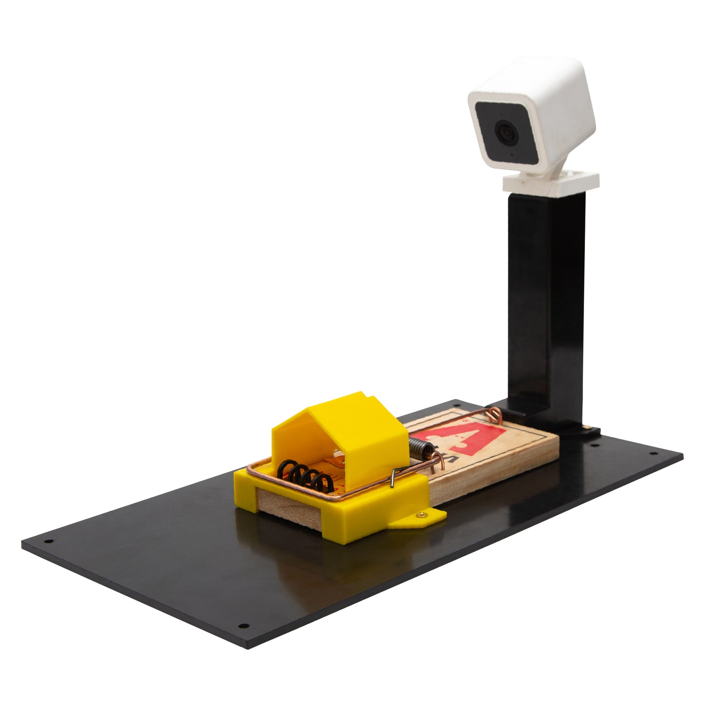 Ultimate rodent stoppers twins trap setup with a baseplate, trap, bait tuggers, hoodie, and camera mount to display the product.